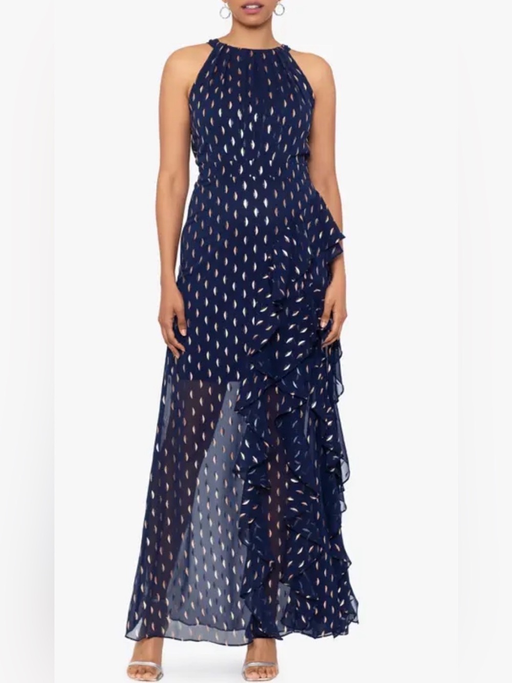 Betsy & Adam Metallic Clip Dot Ruffle Halter Chiffon Gown 10 NWT
